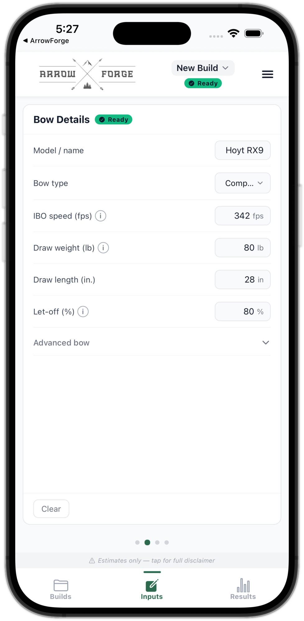 Bow Details input screen