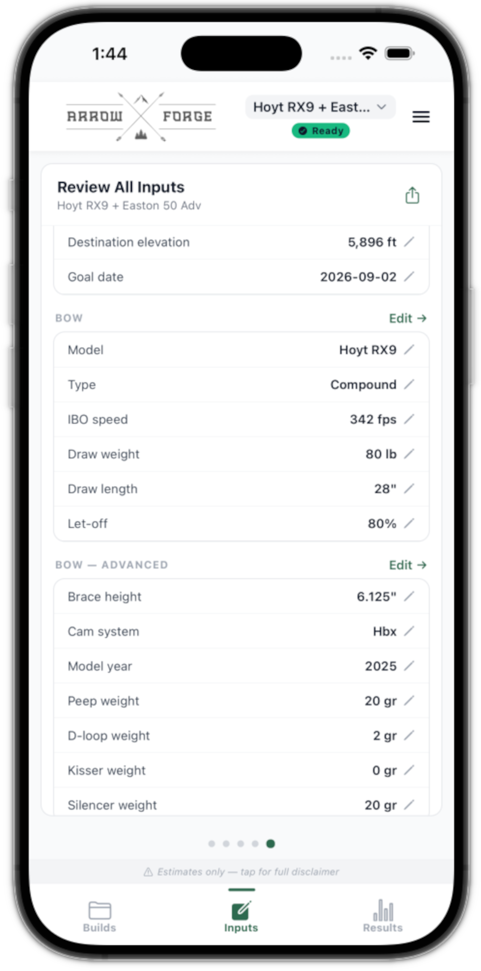 Review inputs screen