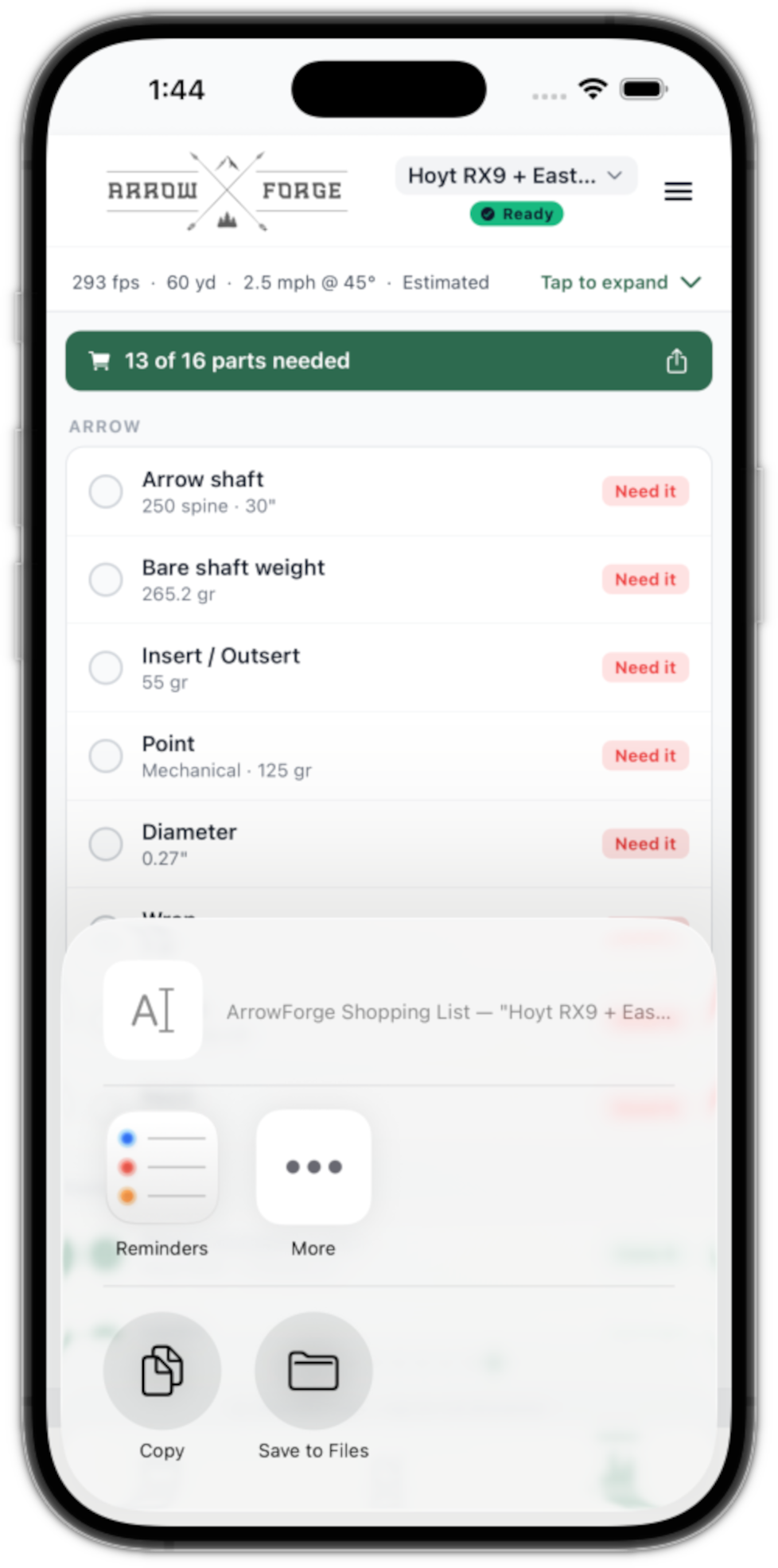Shopping list and share screen